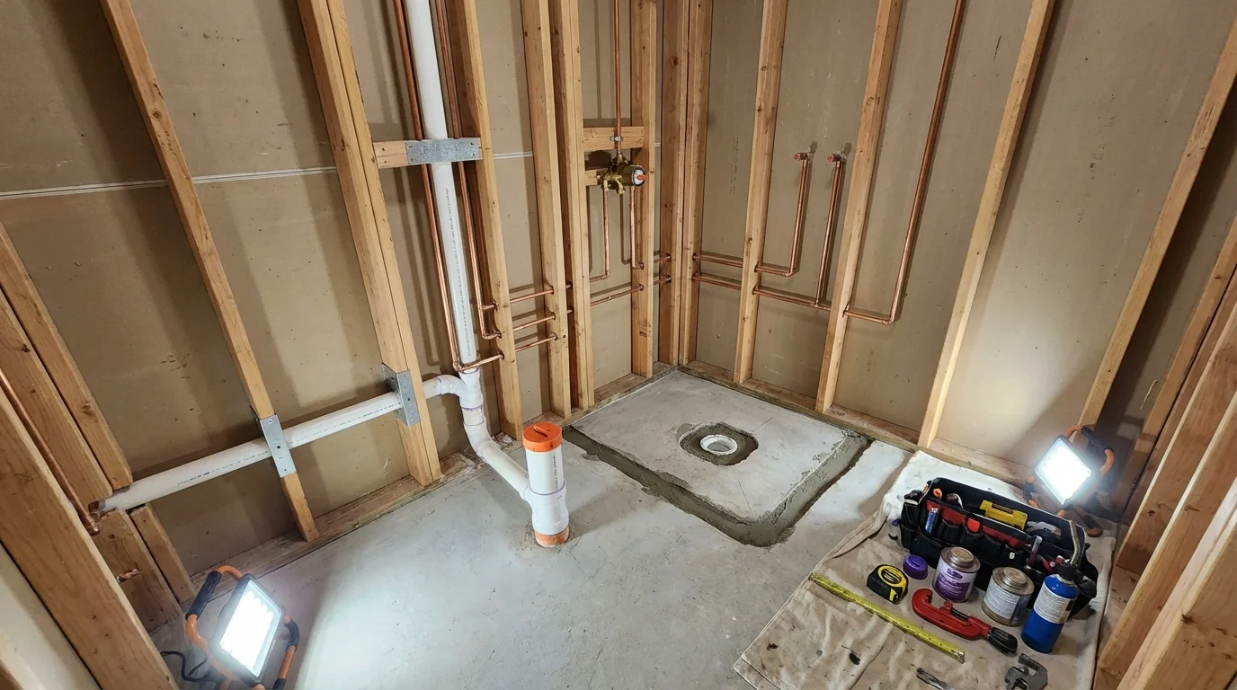 Bathroom rough-in plumbing during remodel by Johns Plumbing LLC in Cranberry Township