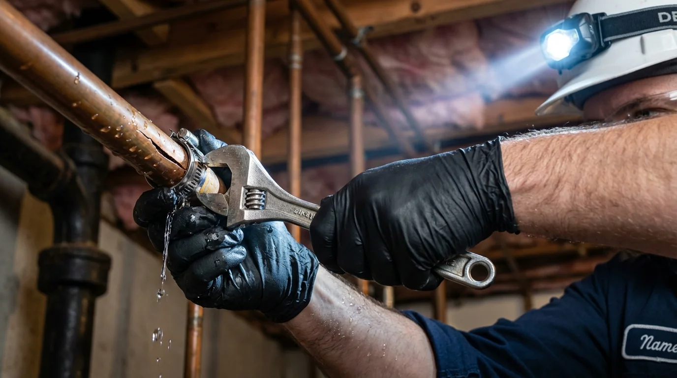 Emergency pipe clamp repair being performed by a Johns Plumbing LLC plumber in Cranberry Township