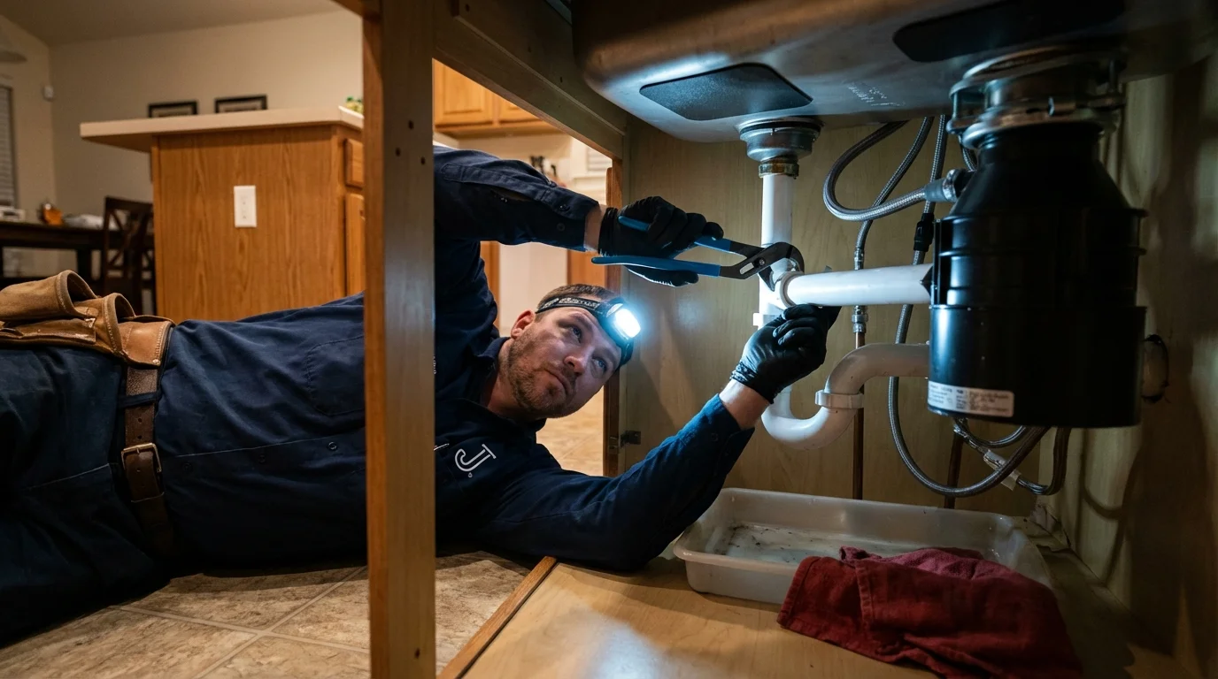 P-trap and supply line connections under a kitchen sink showing a common leak point in Cranberry Township, PA